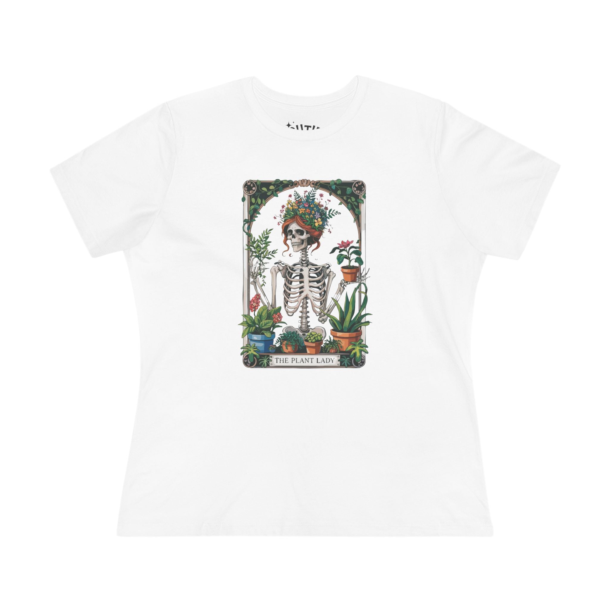 Plant Lady Floral Skeleton Tarot Card Tee, Boho Chic Women's Cotton Tee, Plant Lover T-Shirt, Gifts for Gardeners, Eco-friendly Apparel