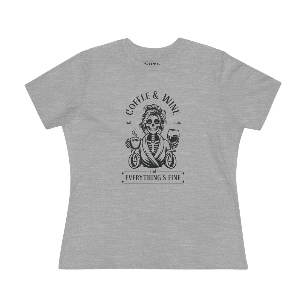 Coffee & Wine Skeleton Women's Cotton Tee, Funny Graphic T-Shirt, Casual Outfit, Gift for Coffee Lovers, Wine Enthusiast, Unique T-Shirt