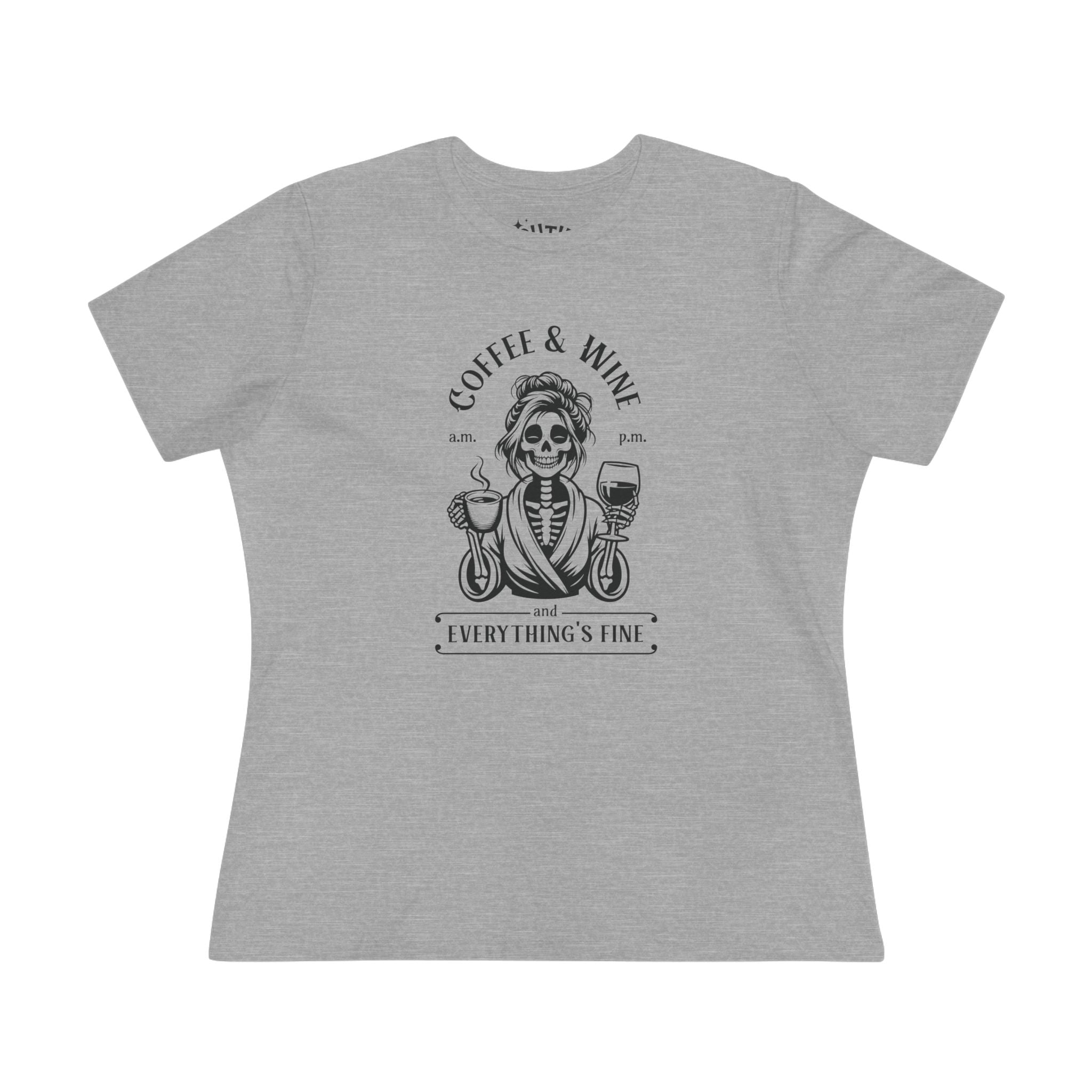 Coffee & Wine Skeleton Women's Cotton Tee, Funny Graphic T-Shirt, Casual Outfit, Gift for Coffee Lovers, Wine Enthusiast, Unique T-Shirt