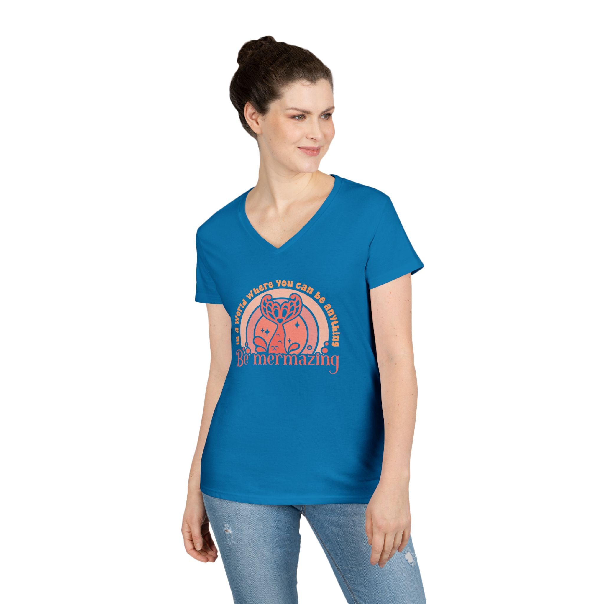 Mermaid Themed Ladies' V-Neck T-Shirt - Be Mermazing Inspirational Top, Casual Wear, Gift for Mermaid Lovers, Summer Fashion, Motivational Tee