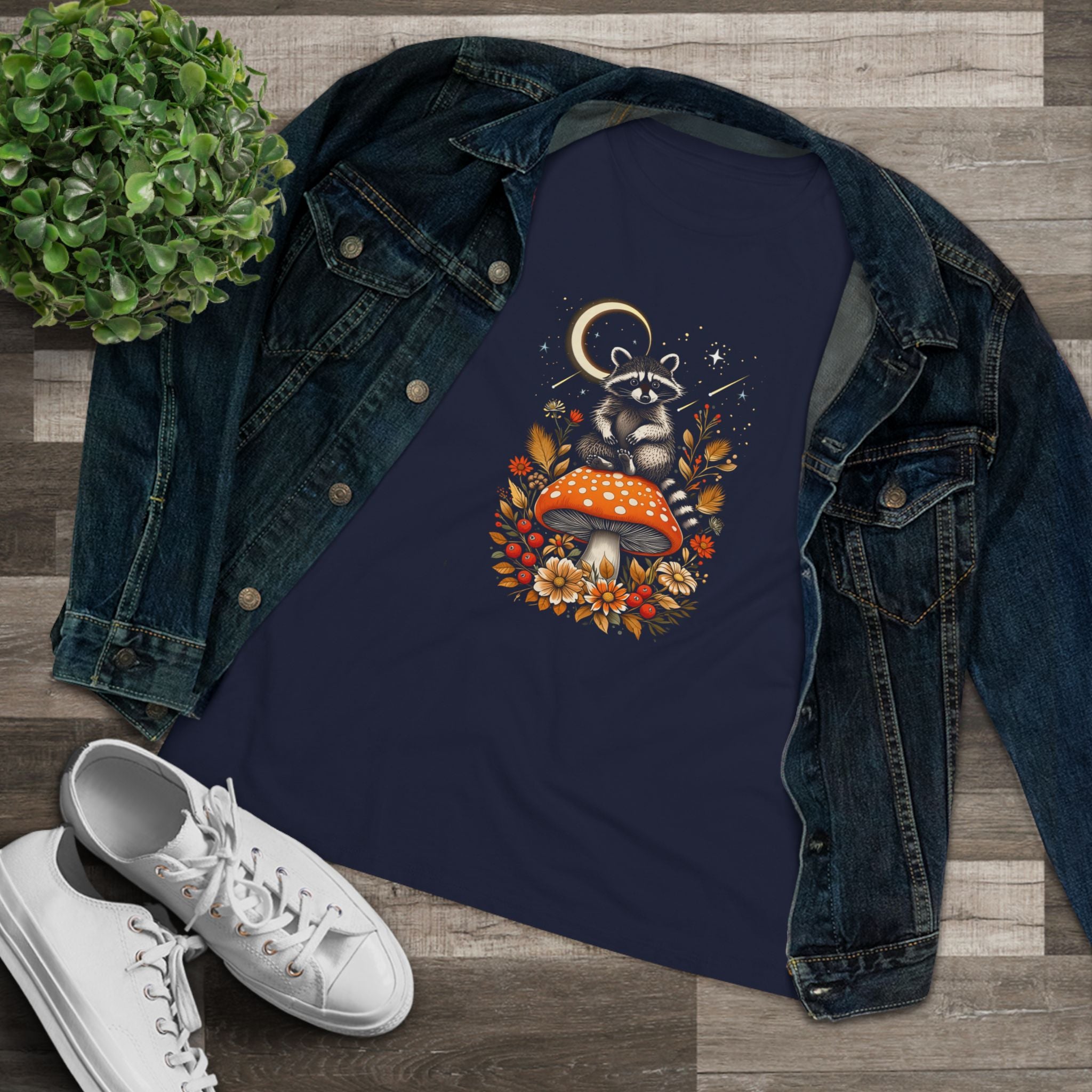 Mushroom Whimsical Raccoon Women's Cotton Tee - Cute Nature Shirt for Animal Lovers, Gifts for Moms, Fall Fashion, Eco-Friendly Wear